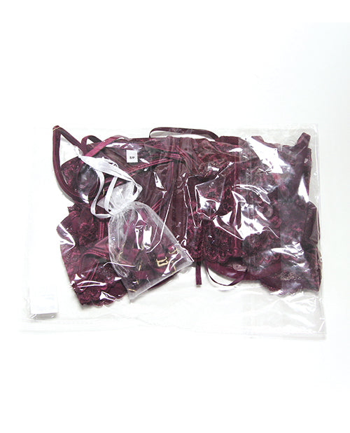 Stretch Scallop Lace Underwire Bra w/Garter & Satin G-String 3 pc Set - Mauve Plum LG