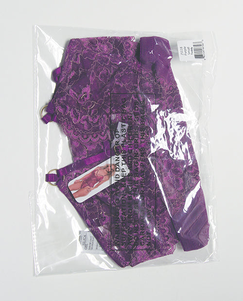 Metallic Stretch Lace & Mesh Teddy w/Detachable Panty - Purple LG