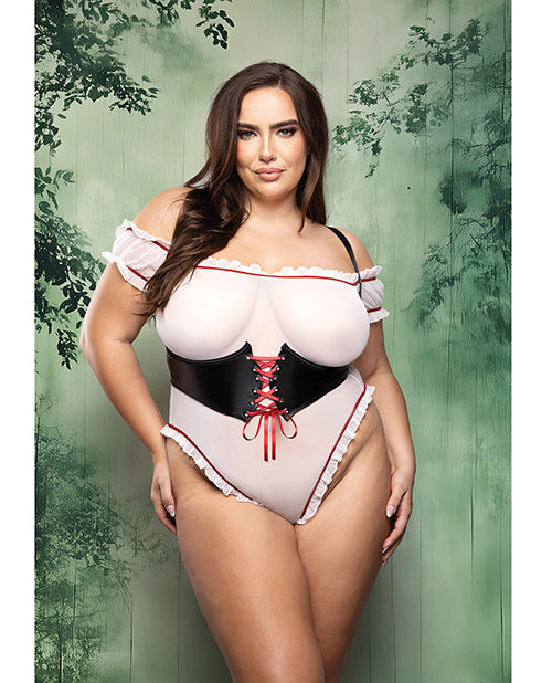 Dangerous Darling Sheer Mesh Ruffle Teddy w/Waist Cincher & Hooded Cape 3 pc Set - Black/White 3X/4X