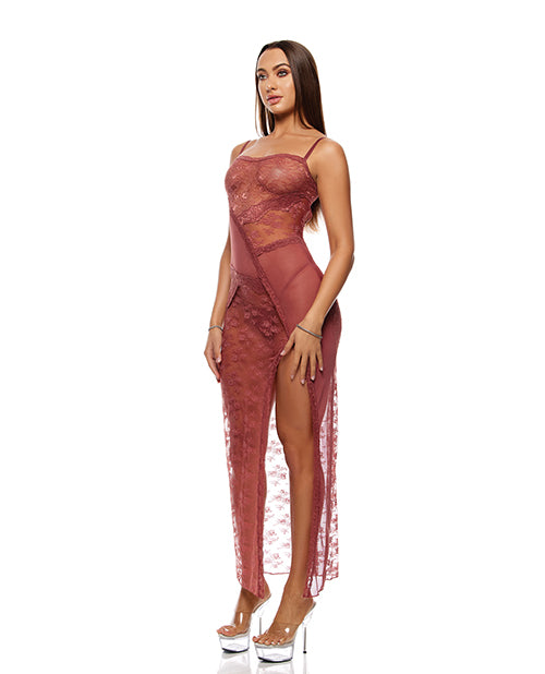 Patch of Petals Sheer Mesh and Lace Gown w/Thong 2 pc Set - Mauve XL