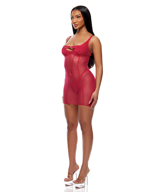 Layers To This Sheer Mesh and Knit Chemise w/Thong 2 pc Set - Pink MD