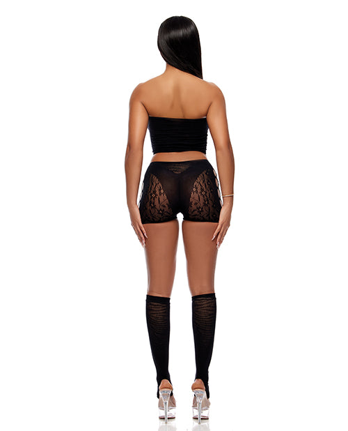 Cross Your Mind Tube Top w/Boy Short & Open Toe Socks Bodystocking - Black QN