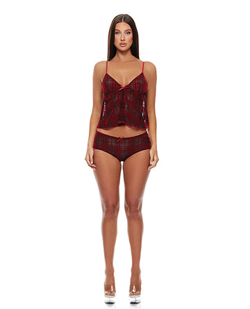 Velvet Lines Mesh Cami & Boy Short 2 pc Set - Red/Black SM