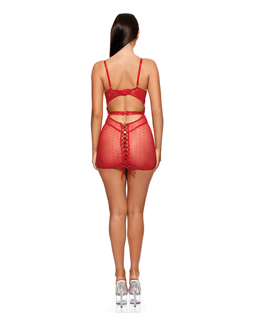 La Vie En Rose Metallic Embroidered Chemise, Panty & Belt 3 pc Set - Red SM