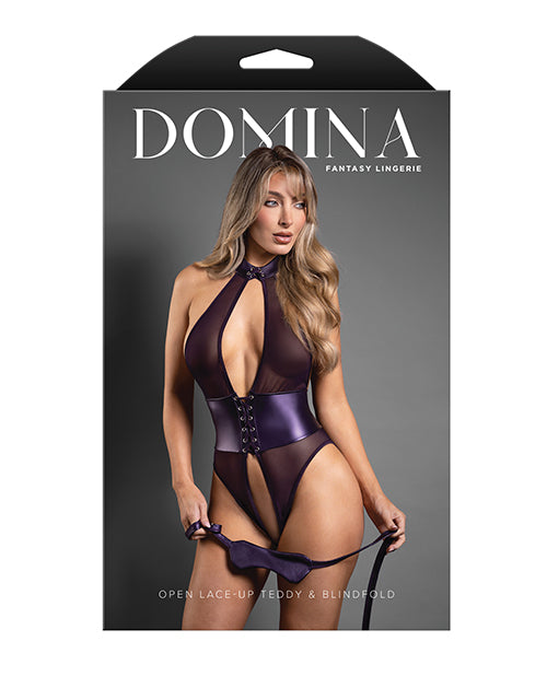 Domina Open Halter Teddy in Mesh & Leatherette w/Matching Blindfold - Purple M/L
