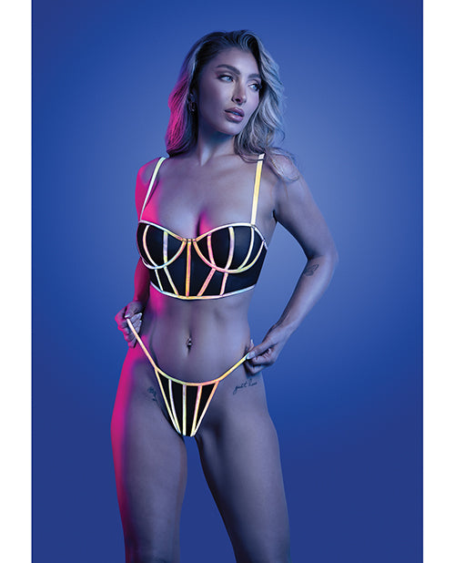 Solar Flare Flash Reflective Binding Underwire Bra & Thong - Black L/XL