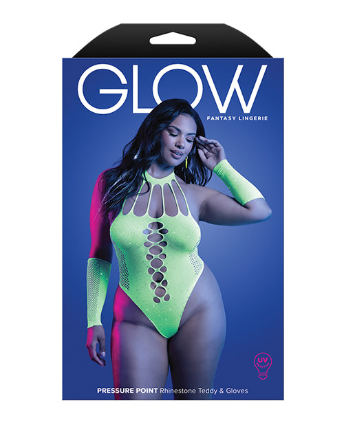 Pressure Point UV Reactive Rhinestone Studded Teddy & Gloves/Leg Warmers 2 pc Set - Neon Green QN