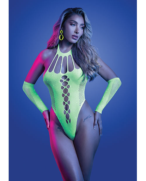 Pressure Point UV Reactive Rhinestone Studded Teddy & Gloves/Leg Warmers 2 pc Set - Neon Green O/S