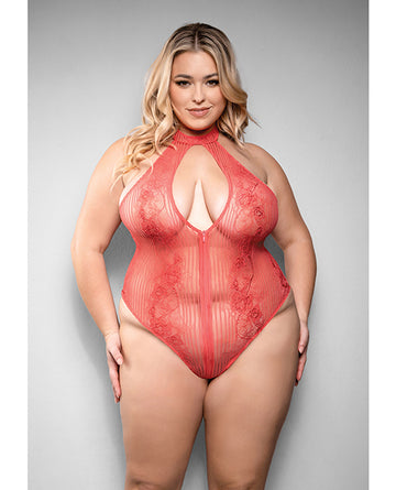 Temptress Calliope Striped Sheer Floral Lace Zippered Teddy - Coral 3X/4X