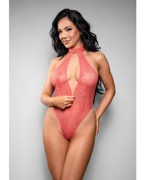Temptress Calliope Striped Sheer Floral Lace Zippered Teddy - Coral S/M