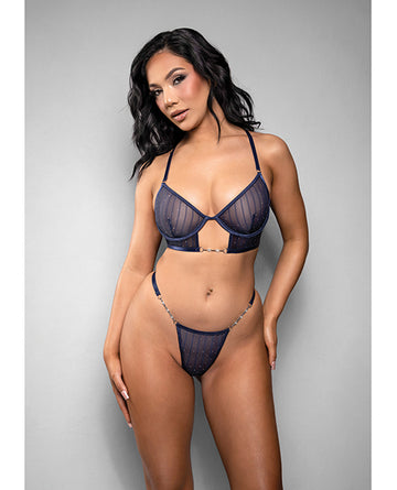 Temptress Celeste Sheer Striped Rhinestone Mesh Bra w/G-String 2 pc Set - Navy M/L