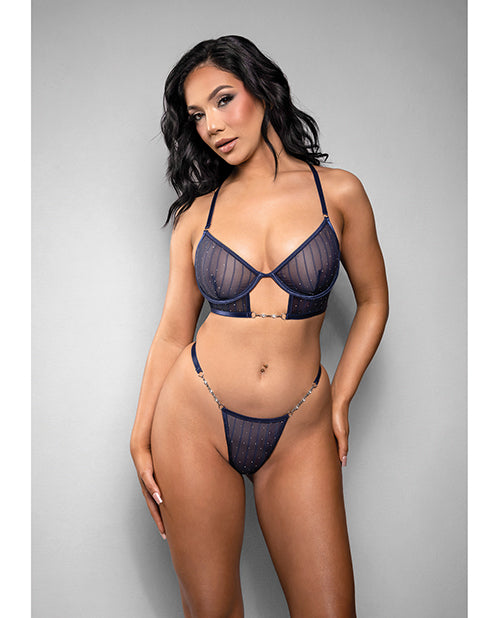 Temptress Celeste Sheer Striped Rhinestone Mesh Bra w/G-String 2 pc Set - Navy M/L