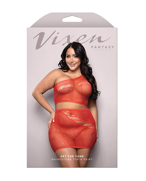 Vixen Set The Tone Rhinestone Knit One Shoulder Top w/Skirt 2 pc Set - Red QN
