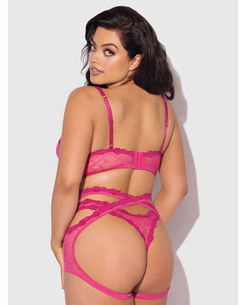 Yvone Lace Bra w/Removable Straps, Garter & Tanga Panty 3 pc Set - Pink 1X/2X