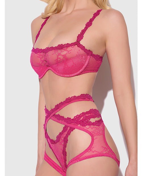 Yvone Lace Bra w/Removable Straps, Garter & Tanga Panty 3 pc Set - Pink MD