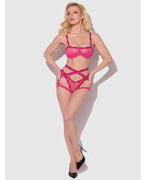 Yvone Lace Bra w/Removable Straps, Garter & Tanga Panty 3 pc Set - Pink SM