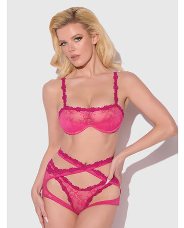 Yvone Lace Bra w/Removable Straps, Garter & Tanga Panty 3 pc Set - Pink XL