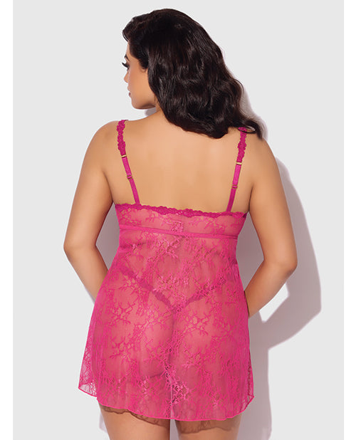 Yvone Lace Babydoll w/Front Closure & G-String 2 pc Set - Pink 3X/4X