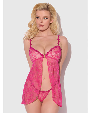 Yvone Lace Babydoll w/Front Closure & G-String 2 pc Set - Pink LG