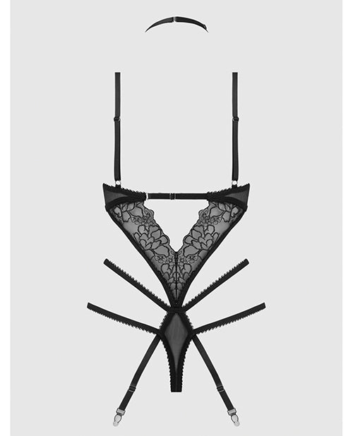 Eden Embroidered Lace & Mesh Teddy w/Garters - Black 1X/2X