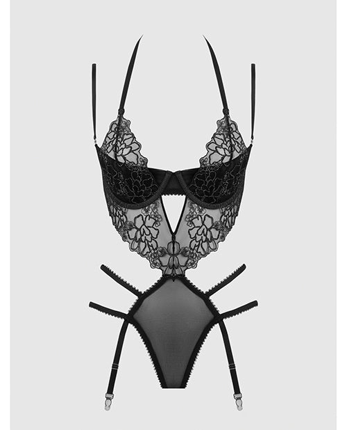 Eden Embroidered Lace & Mesh Teddy w/Garters - Black LG
