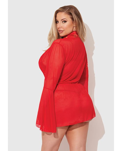 Dragon Sheer Mesh Robe w/Satin Triangle Top & G-String 3 pc Set - Red 3X/4X