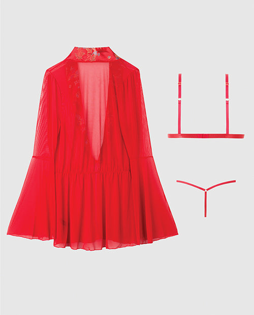 Dragon Sheer Mesh Robe w/Satin Triangle Top & G-String 3 pc Set - Red MD