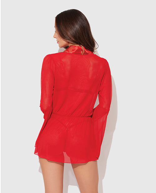 Dragon Sheer Mesh Robe w/Satin Triangle Top & G-String 3 pc Set - Red SM