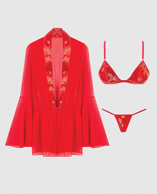 Dragon Sheer Mesh Robe w/Satin Triangle Top & G-String 3 pc Set - Red SM