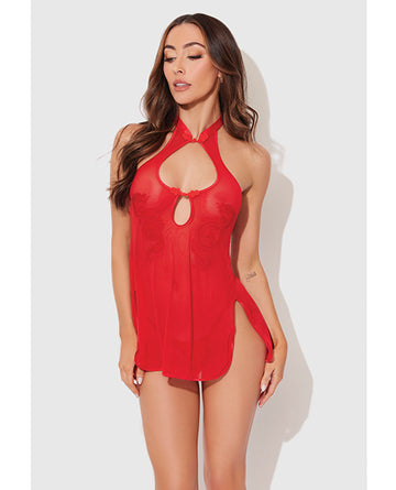 Dragon Mesh & Applique Chemise w/G-String 2 pc Set - Red SM