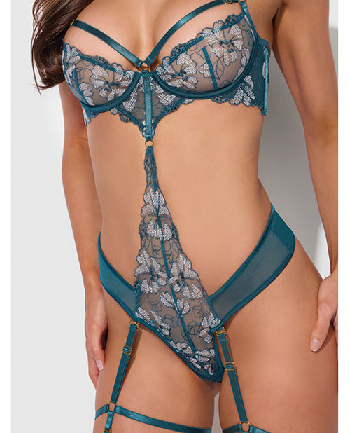 Nova Lace Teddy w/Garters - Jade Blue XL