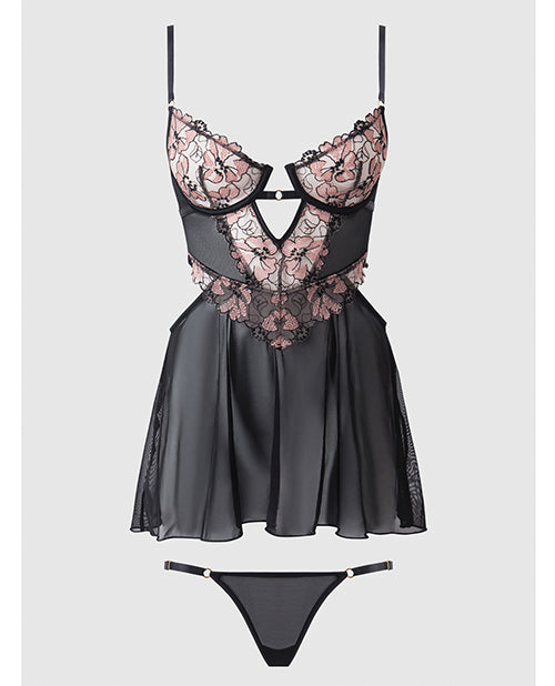 Nova Lace & Mesh Babydoll w/G-String 2 pc Set - Black LG
