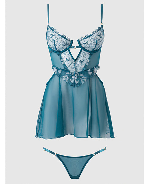 Nova Lace & Mesh Babydoll w/G-String 2 pc Set - Jade Blue XL