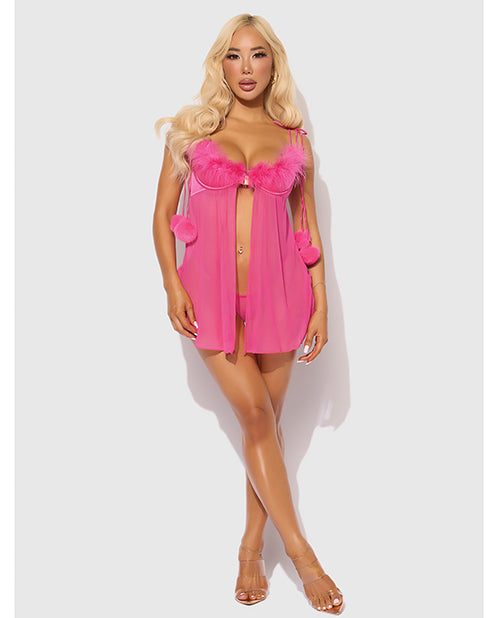 Marilyn Marabou & Mesh Babydoll & G-String Set - Pink 1X/2X