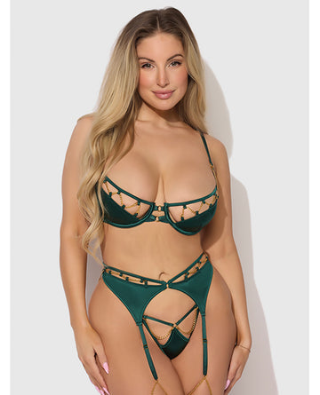 Evangeline Satin & Chain Push Up Bra, Thigh Garter Belt & G-String Set - Green 1X/2X