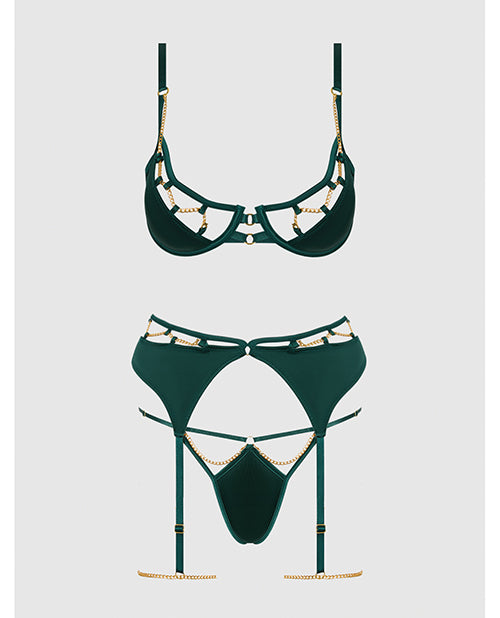 Evangeline Satin & Chain Push Up Bra, Thigh Garter Belt & G-String Set - Green XL