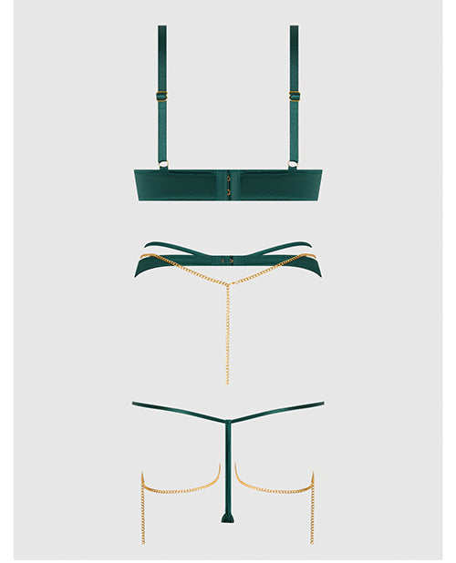Evangeline Satin & Chain Push Up Bra, Thigh Garter Belt & G-String Set - Green XL