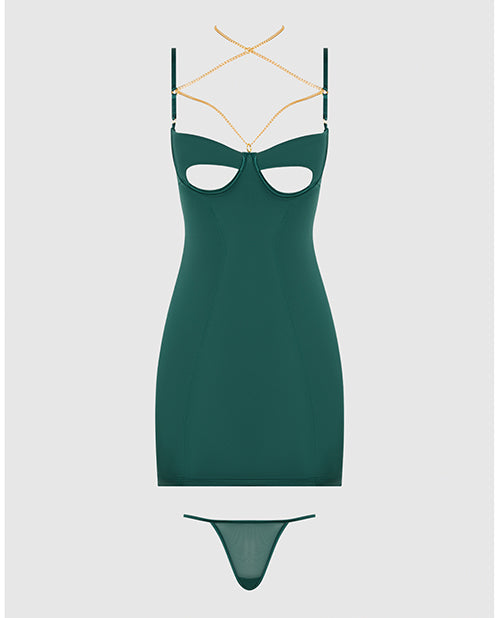 Evangeline Satin & Chain Open Cup & Back Chemise & G-String Set - Green XL
