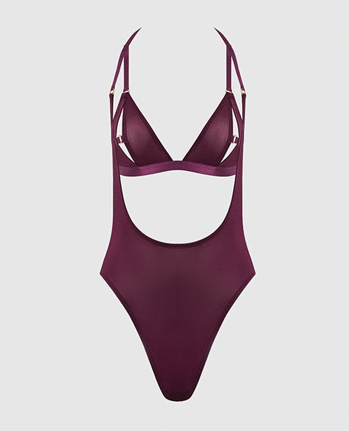 Yasmine Shimmer Mesh Slit Cup, Backless Teddy & Bralette Set - Burgundy LG