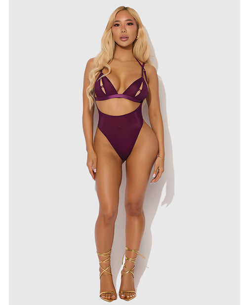 Yasmine Shimmer Mesh Slit Cup, Backless Teddy & Bralette Set - Burgundy MD