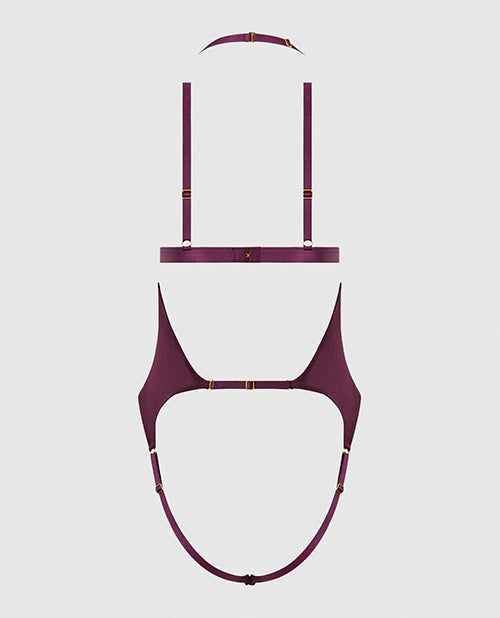 Yasmine Shimmer Mesh Slit Cup, Backless Teddy & Bralette Set - Burgundy SM