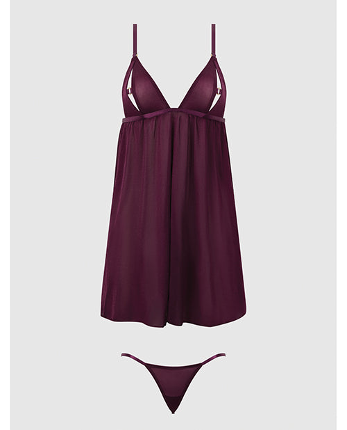 Yasmine Shimmer Mesh O-Ring Slit Cup Babydoll & G-String Set - Burgundy 3X/4X