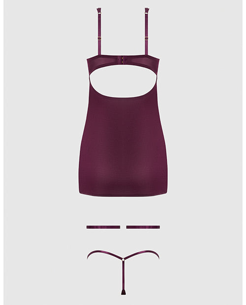 Yasmine Shimmer Mesh O-Ring Thigh Garter Chemise & G-String Set - Burgundy 1X/2X