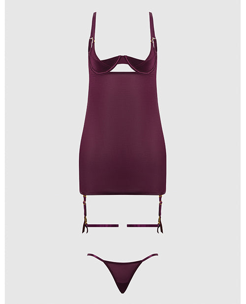 Yasmine Shimmer Mesh O-Ring Thigh Garter Chemise & G-String Set - Burgundy LG