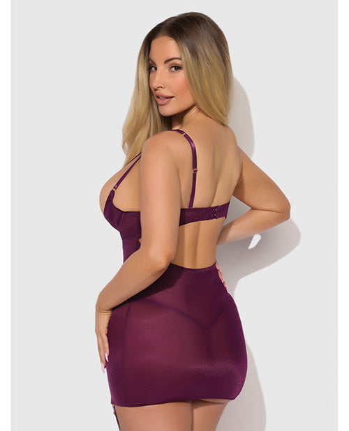 Yasmine Shimmer Mesh O-Ring Thigh Garter Chemise & G-String Set - Burgundy SM
