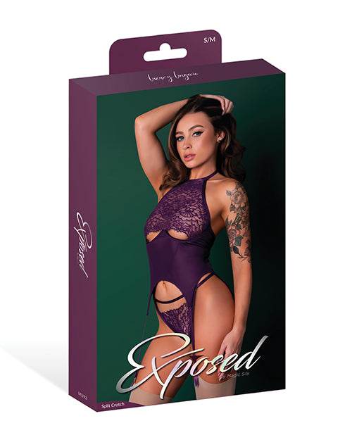 Leather & Lace Stretch Mesh and Lace Underboob Cutout Corset & Panty 2 pc Set - Plum S/M