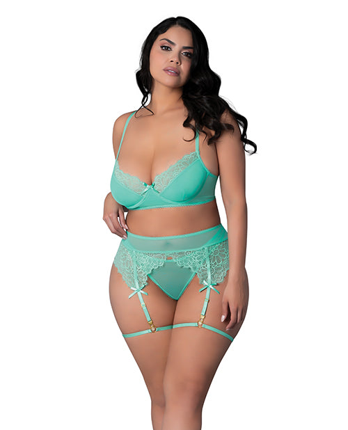 Caribbean Crush Demi Bra w/Thong & Garters 3 pc Set - Aqua QN