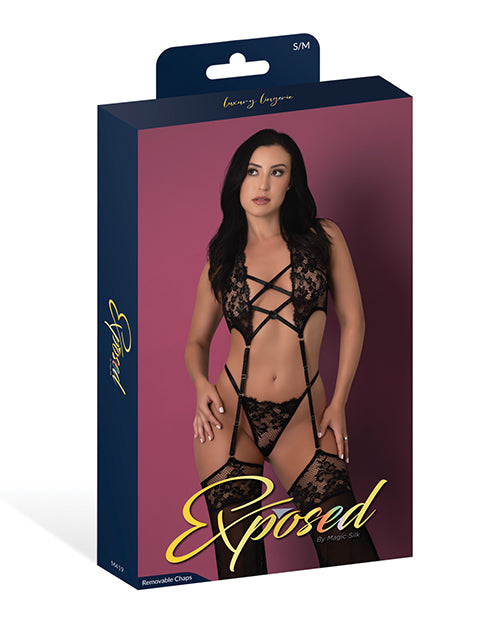 Black Cherry Plunge Top w/Removable Chaps & Cheeky Panty Set - Black L/XL
