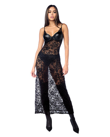 Lace Underwire Long Gown w/Panty & Garter Belt 2 pc Set (Stockings not Included) - Black L/XL