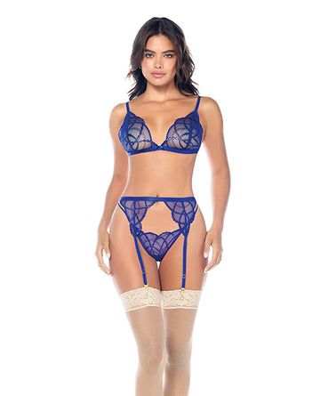 Lace Bralette w/G-String & Garter 3 pc Set - Sapphire Blue L/XL